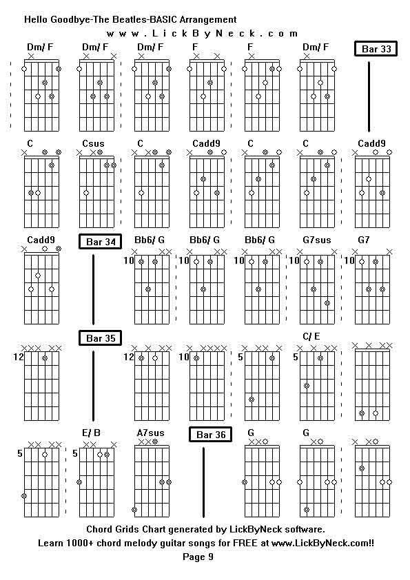 Chord Grids Chart of chord melody fingerstyle guitar song-Hello Goodbye-The Beatles-BASIC Arrangement,generated by LickByNeck software.